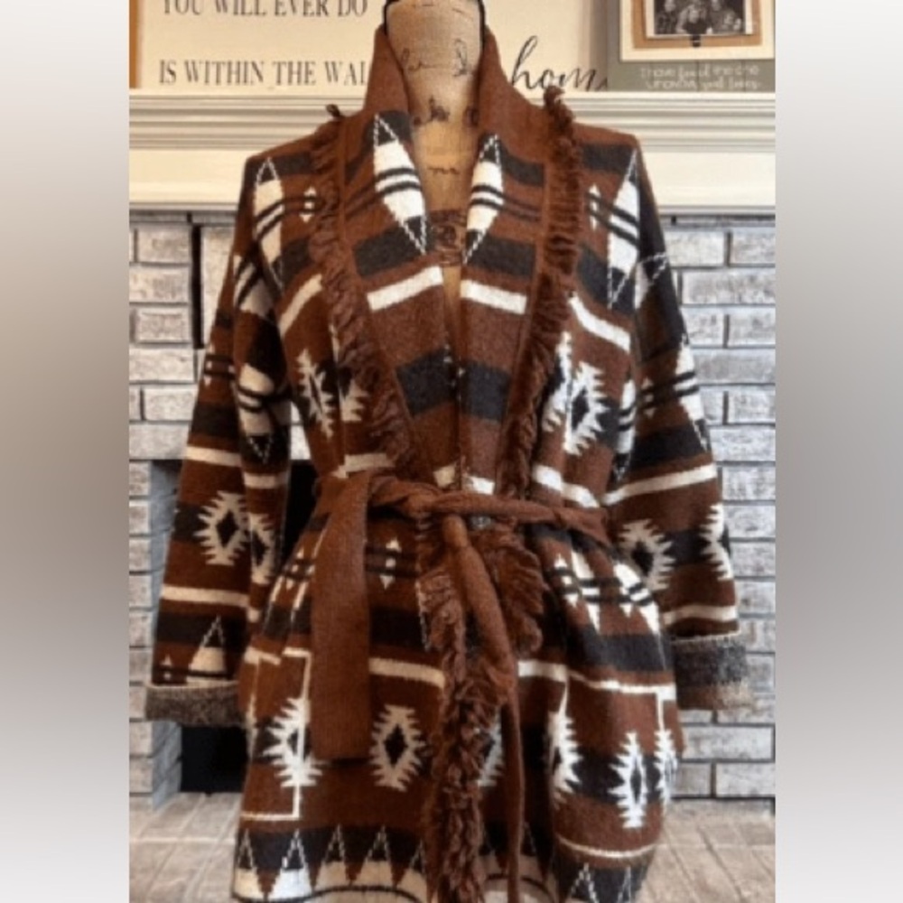 Tahari Southwest Fringe Wrap Cardigan with belt